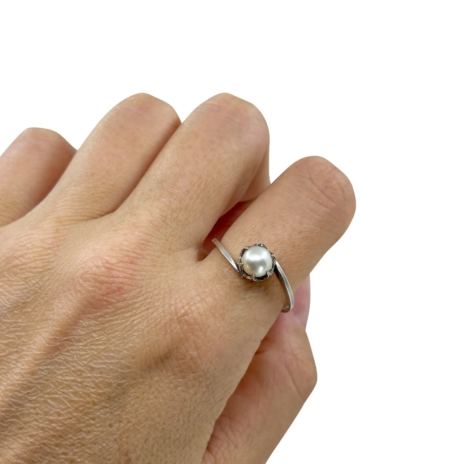 Claw Prong Minimalist Solitaire Japanese Saltwater Akoya Cultured Pearl Vintage Ring- Sterling Silver Sz 9