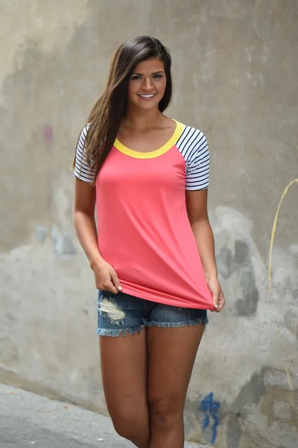Collar Full of Color Striped Top ~ Coral