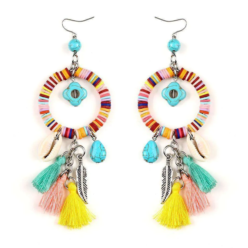 Colorful Tasseled Shells & Feather Earrings