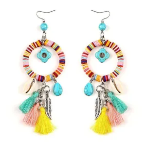 Colorful Tasseled Shells & Feather Earrings