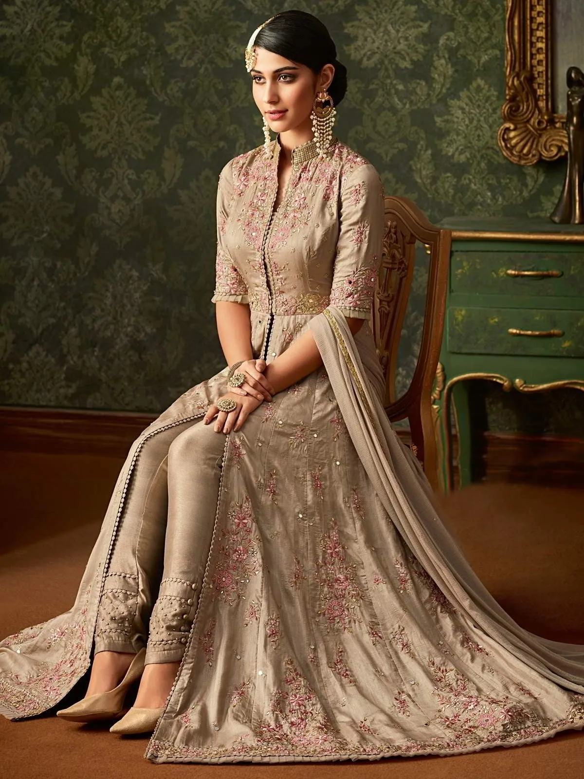 Copper Beige Front Slit Embroidered Anarkali Pant Suit