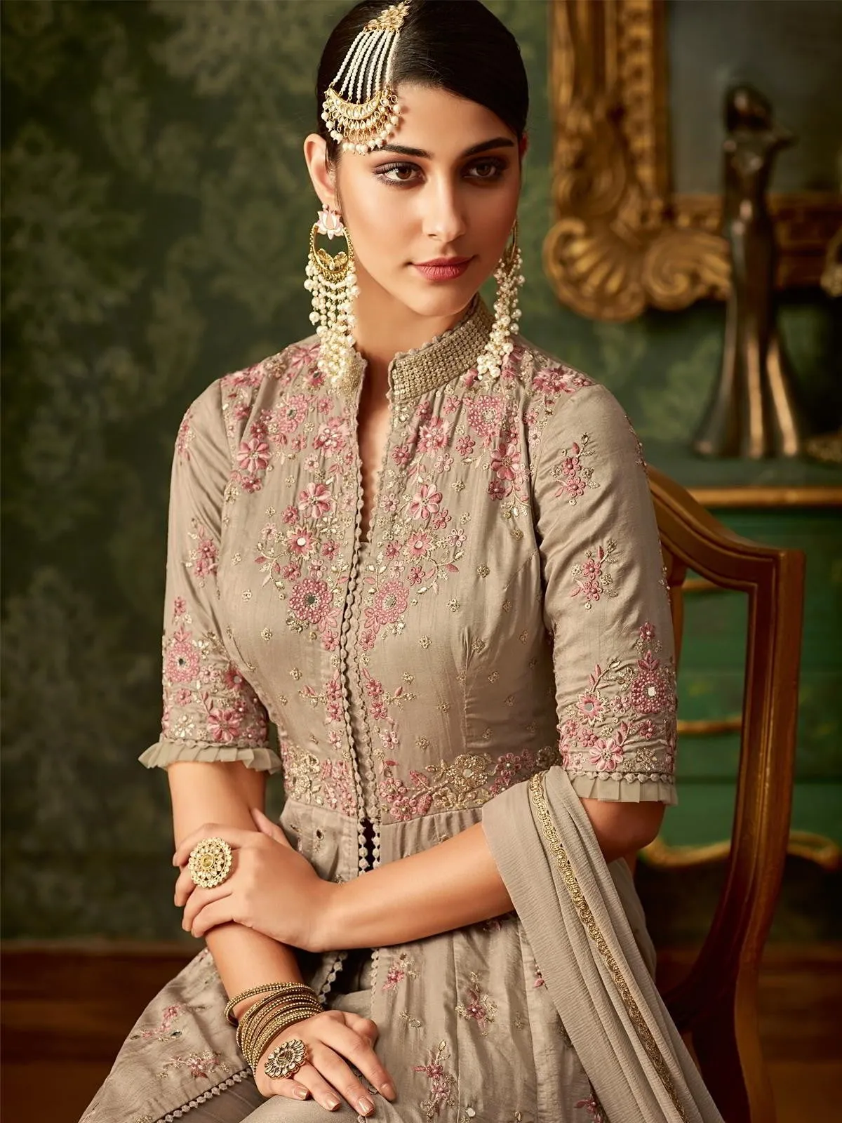 Copper Beige Front Slit Embroidered Anarkali Pant Suit