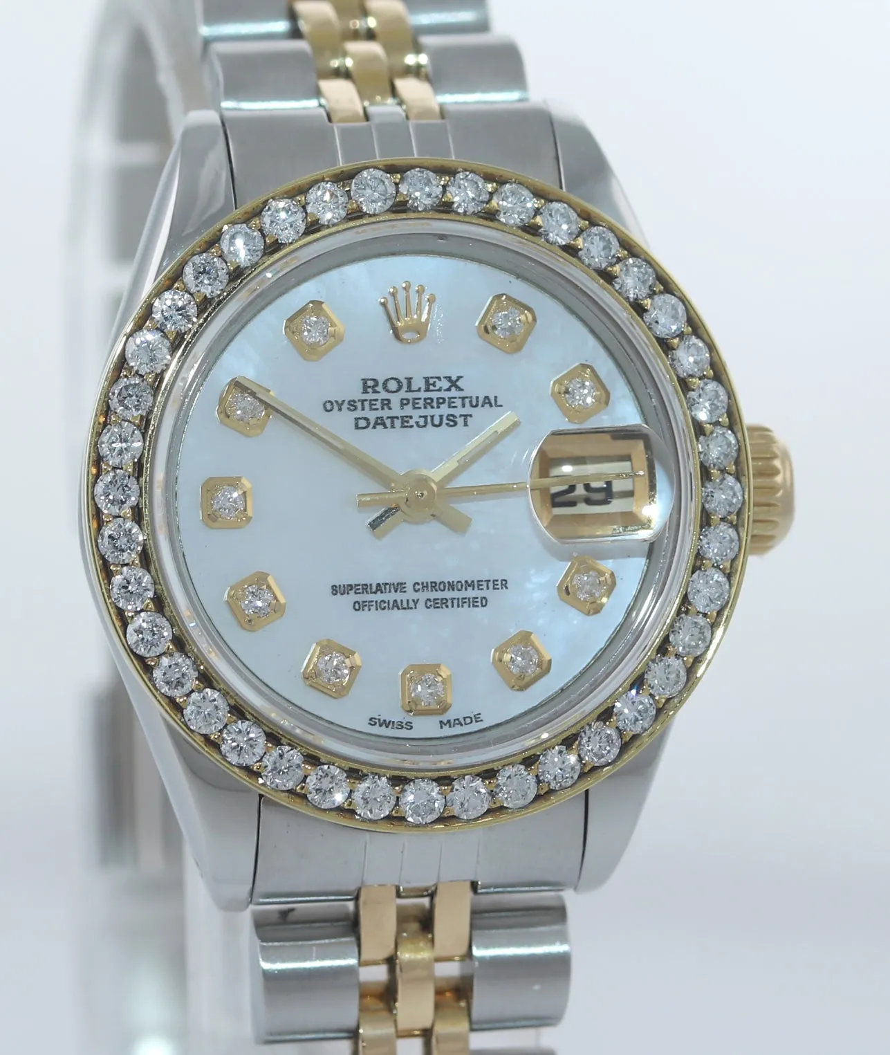 Copy of Ladies Rolex DateJust 26mm 69173 Two Tone Gold Steel Diamond MOP Dial Watch Box