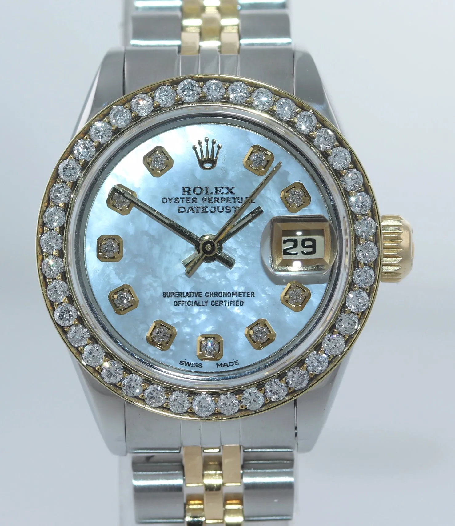 Copy of Ladies Rolex DateJust 26mm 69173 Two Tone Gold Steel Diamond MOP Dial Watch Box