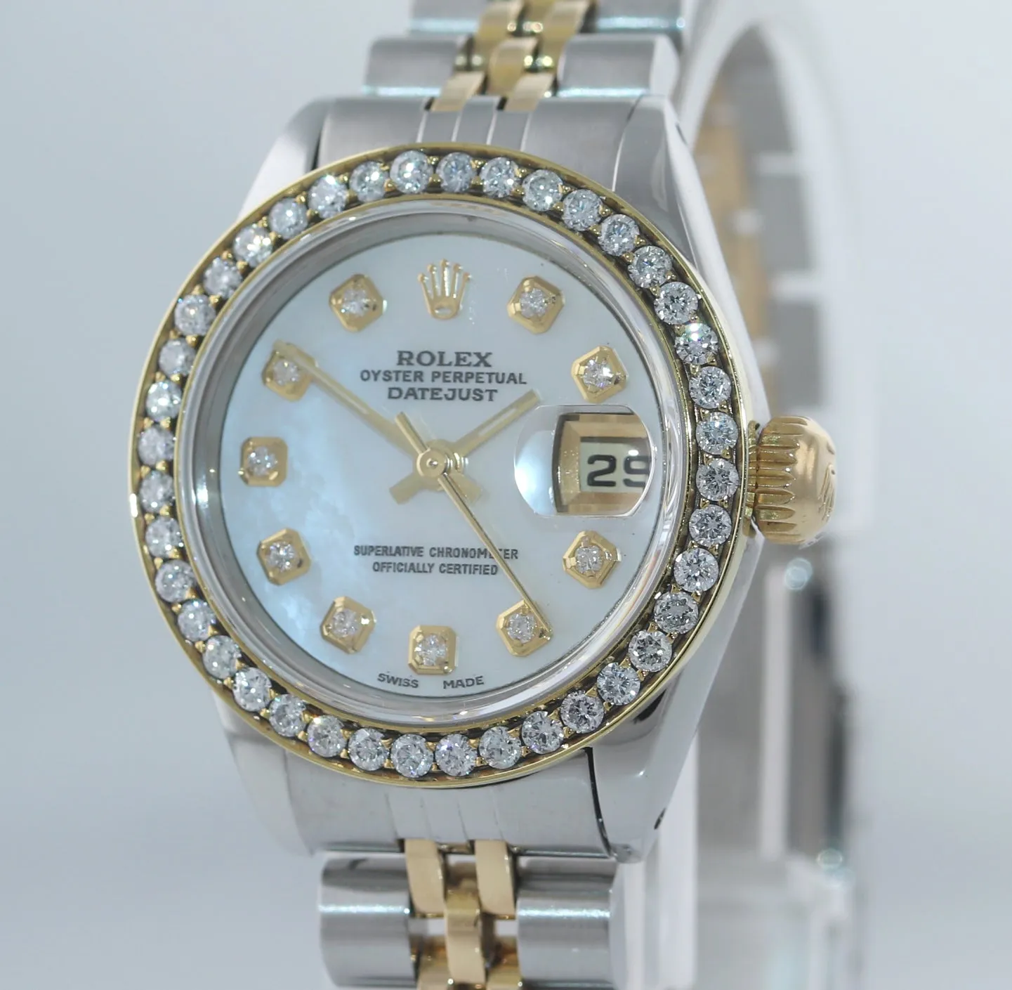 Copy of Ladies Rolex DateJust 26mm 69173 Two Tone Gold Steel Diamond MOP Dial Watch Box