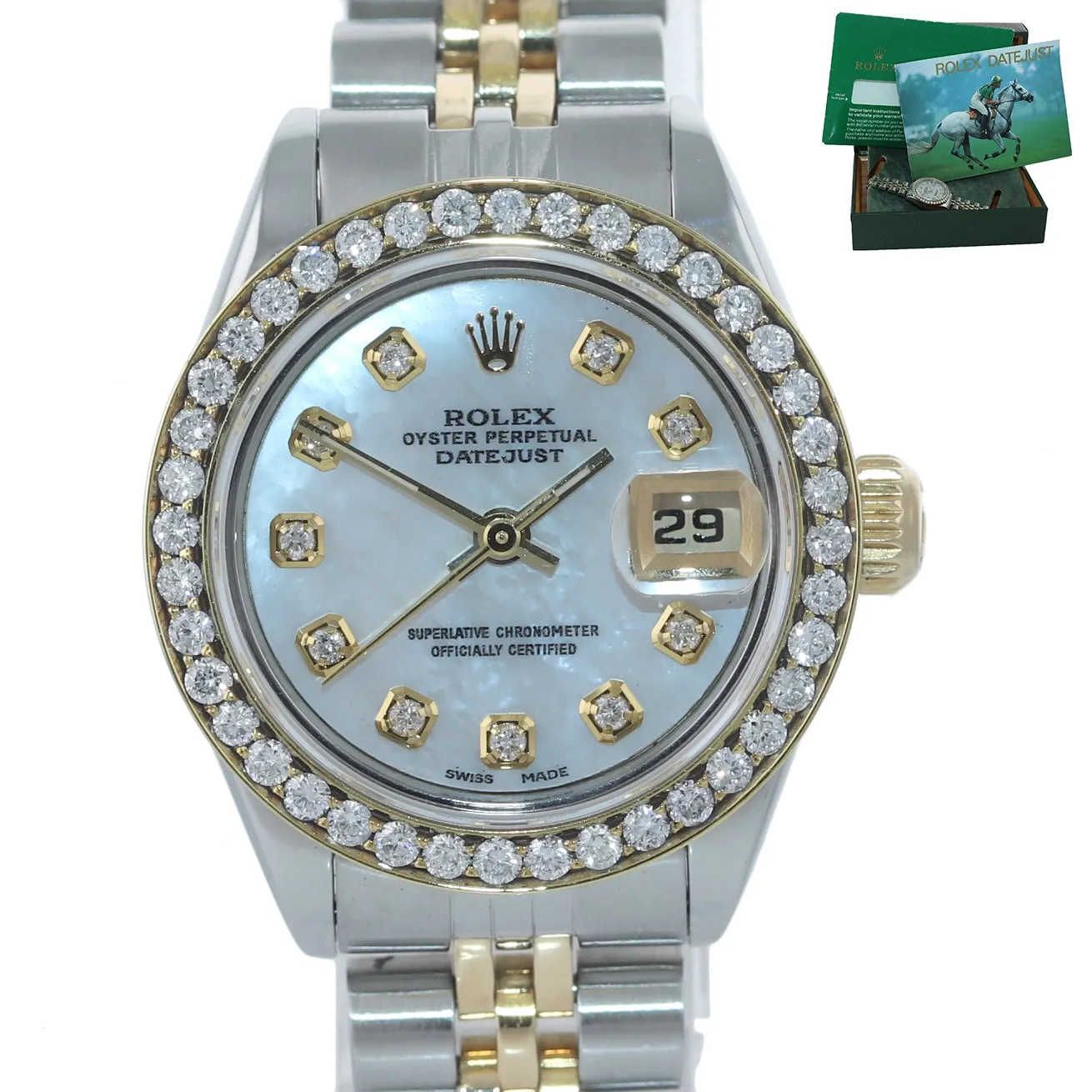 Copy of Ladies Rolex DateJust 26mm 69173 Two Tone Gold Steel Diamond MOP Dial Watch Box