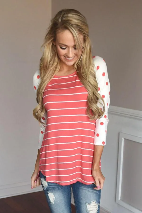 Coral Polka Dot & Stripes Top