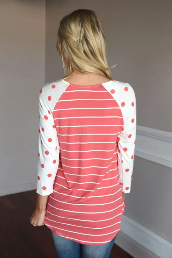 Coral Polka Dot & Stripes Top
