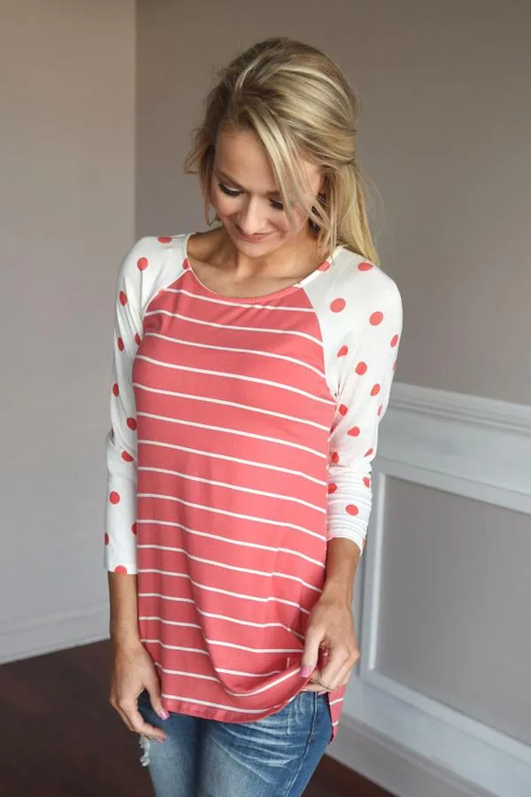 Coral Polka Dot & Stripes Top
