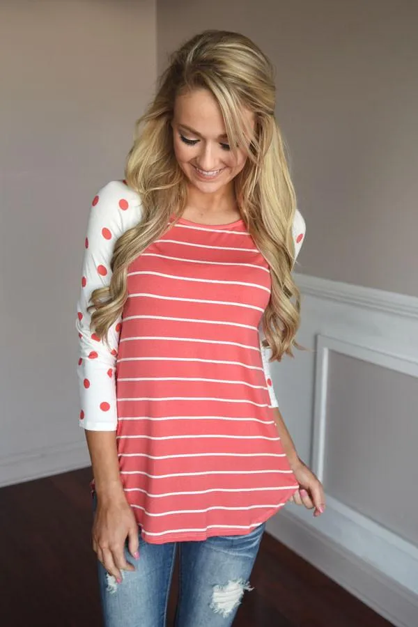 Coral Polka Dot & Stripes Top