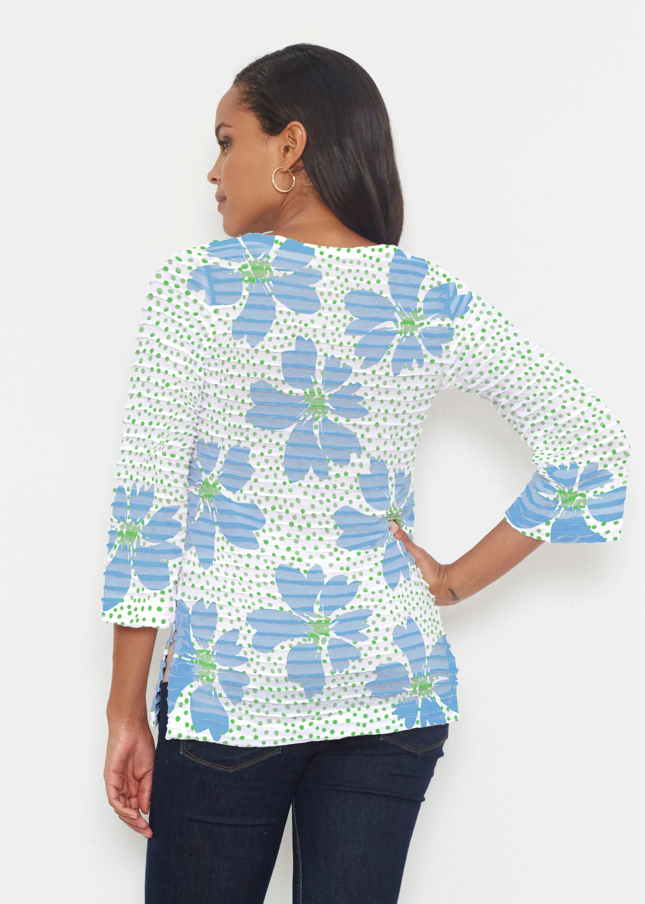Daisy Dots Blue (8081) ~ Banded 3/4 Bell-Sleeve V-Neck Tunic