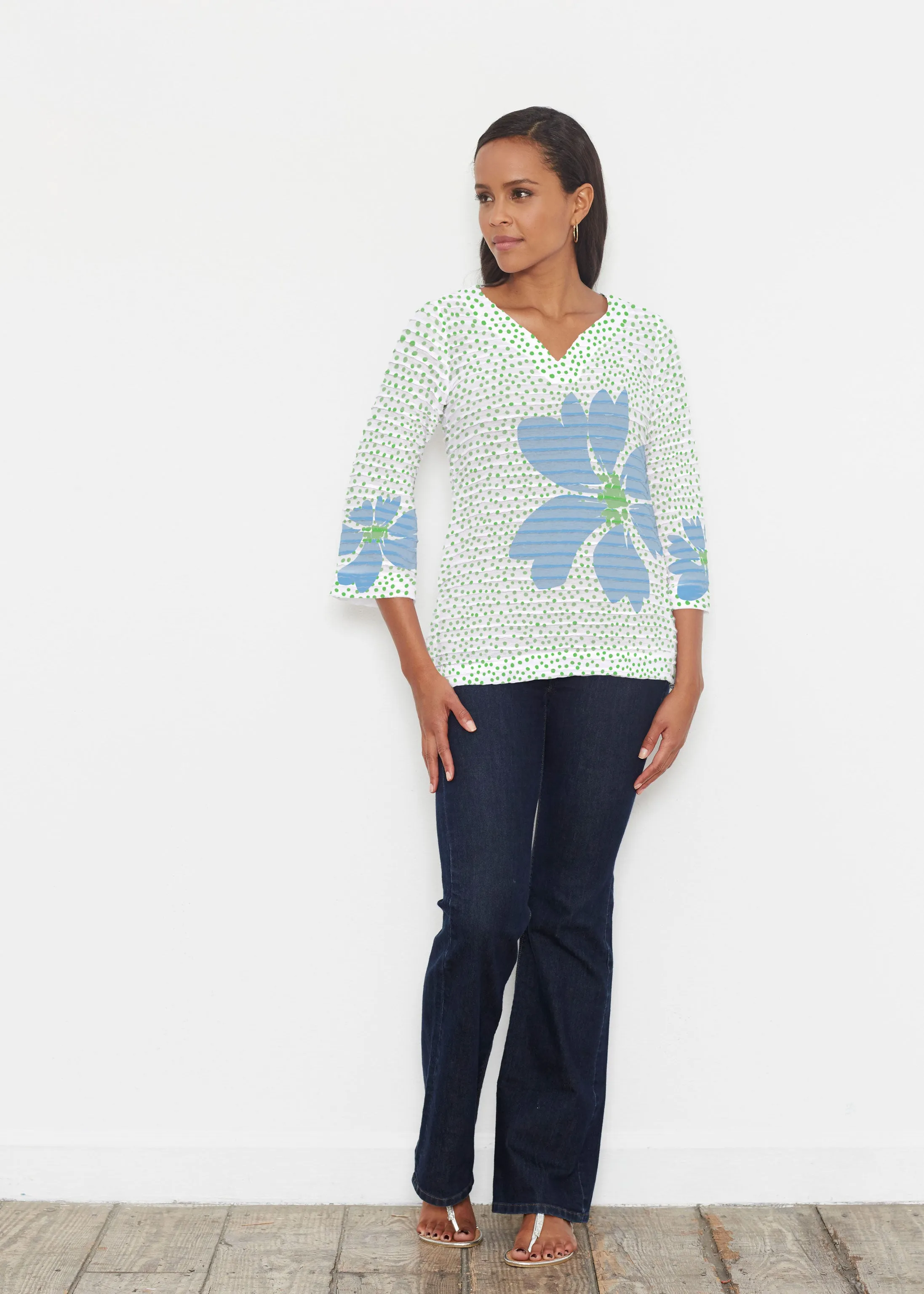 Daisy Dots Blue (8081) ~ Banded 3/4 Bell-Sleeve V-Neck Tunic