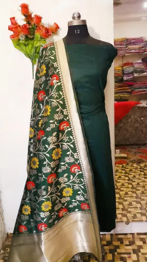 Dark Green Banarasi Silk Katan Suit Set