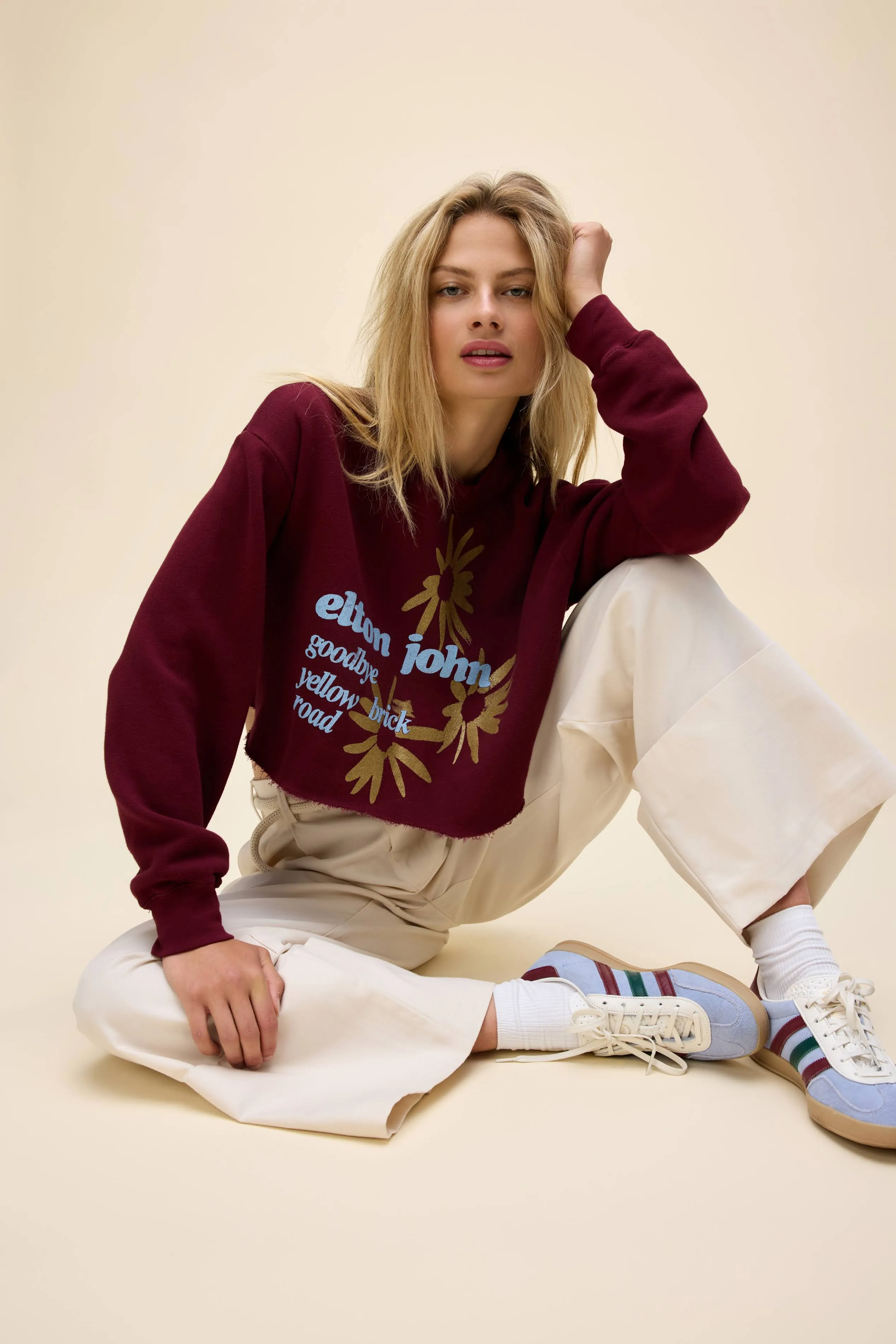 daydreamer: elton john yellow brick road cut off sweatshirt-dark cherry