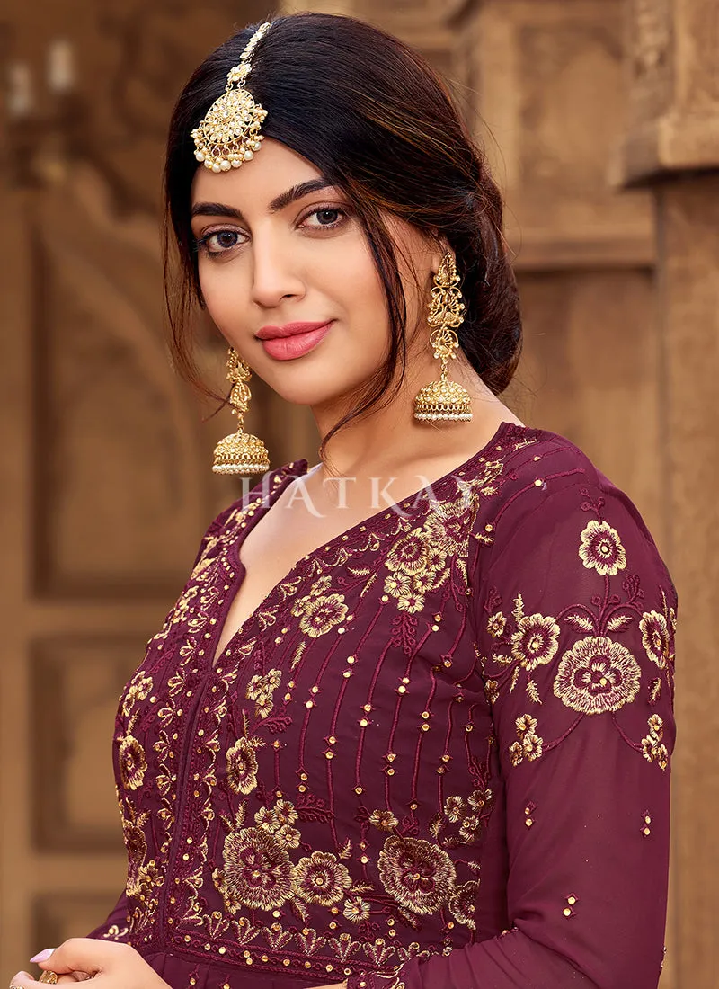 Deep Wine Zari Embroidery Festive Gharara Suit
