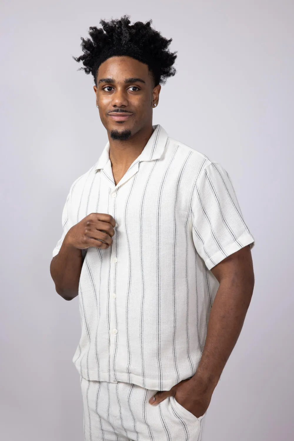 Denim & Flower Textured Striped Button-Down shirt for Men in Off White | KWS-B530