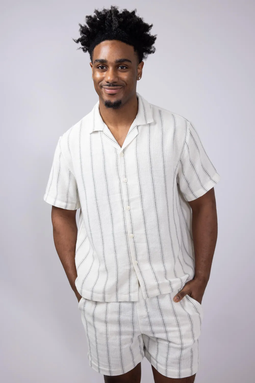 Denim & Flower Textured Striped Button-Down shirt for Men in Off White | KWS-B530