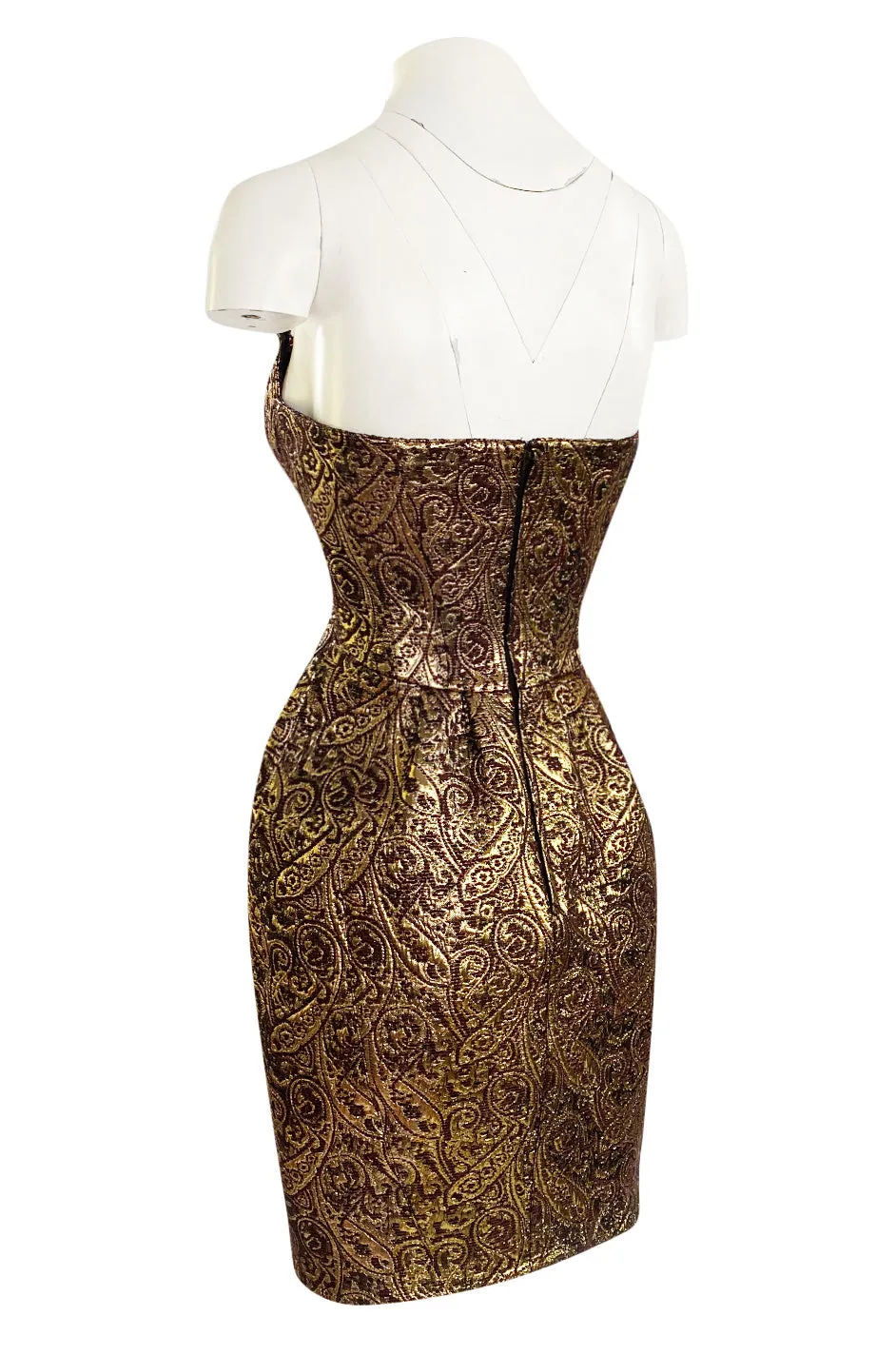 Documented Fall 1997 Thierry Mugler Gold Bronze Brocade Strapless Dress w Formed Pointed Cups