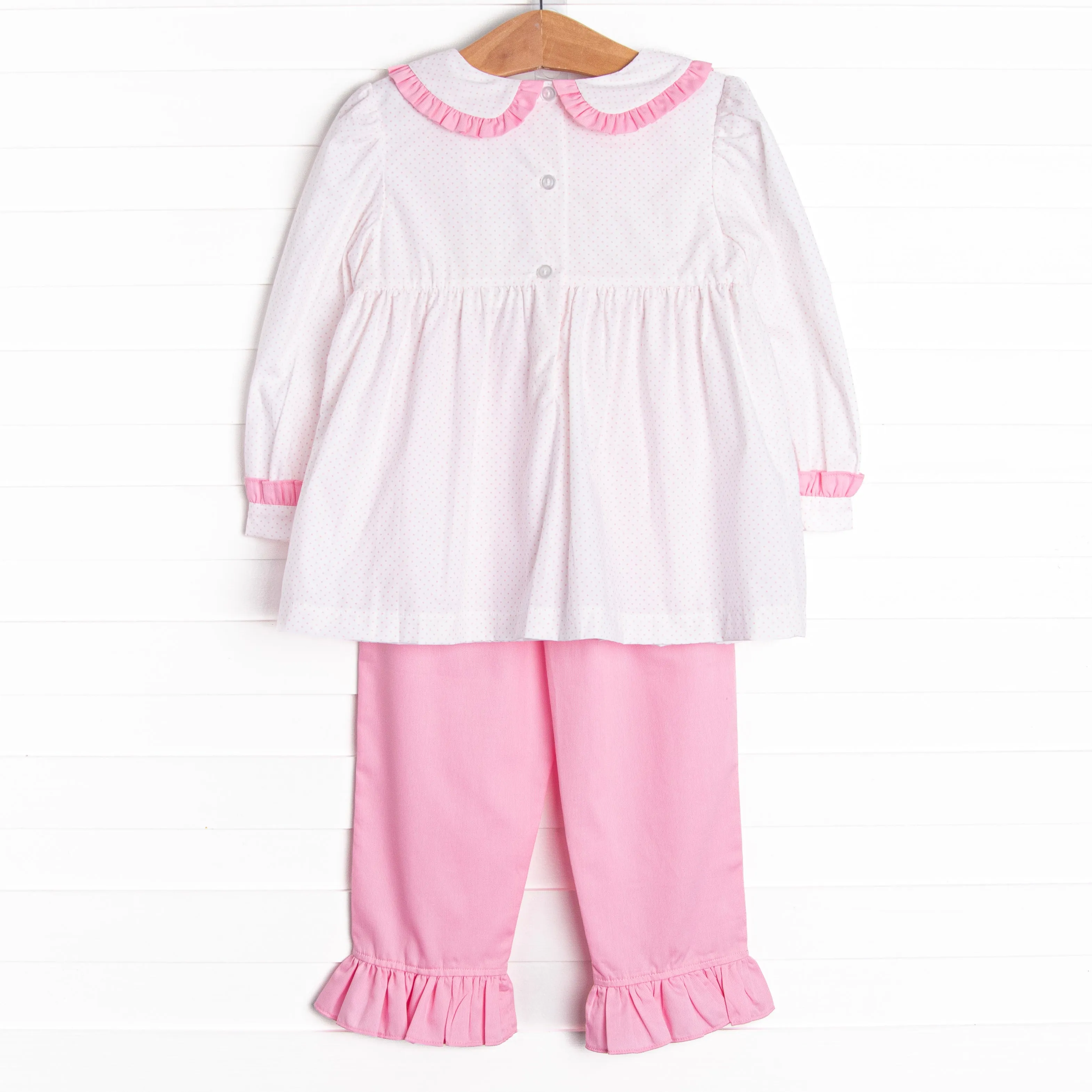 Dots and Decorations Smocked Ruffle Pant Set, Pink