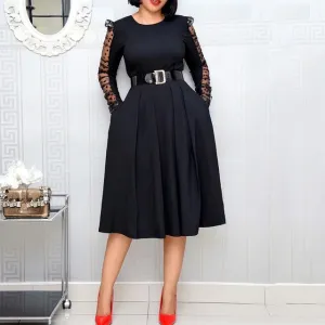 Elegant Black Mesh Long Sleeve Dress Spring 2020 2XL Plus Size Office Dresses For Women Ladies Tunic Work Wear Clothes Midi