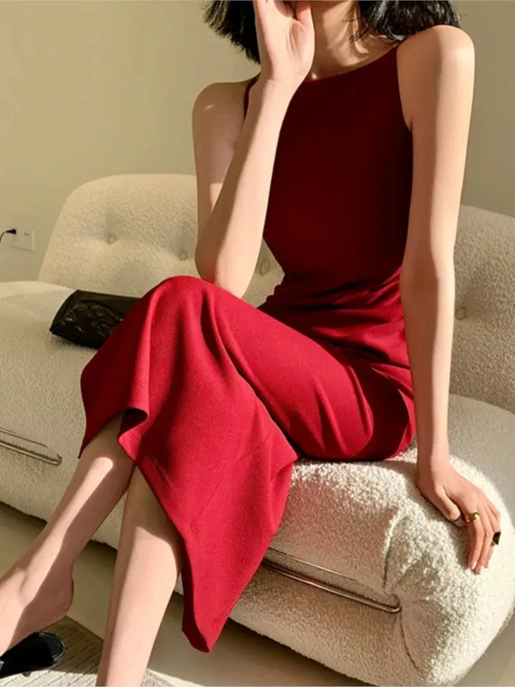 Elegant Sleeveless Bodycon Dress Spaghetti Strap Vintage Slim Solid Party Birthday Chic Cocktail Midi Dress