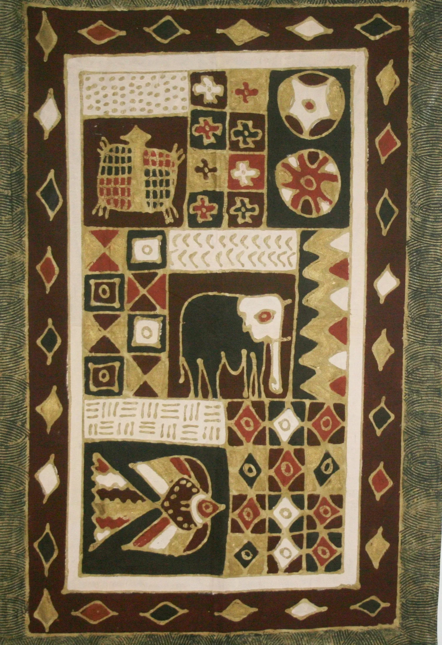 Elephant Batik Geometric Tribal Design Burgundy/Red, Brown Gold, Black, White  37"W X 59"L Vintage Zimbabwe
