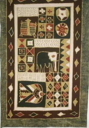 Elephant Batik Geometric Tribal Design Burgundy/Red, Brown Gold, Black, White  37"W X 59"L Vintage Zimbabwe