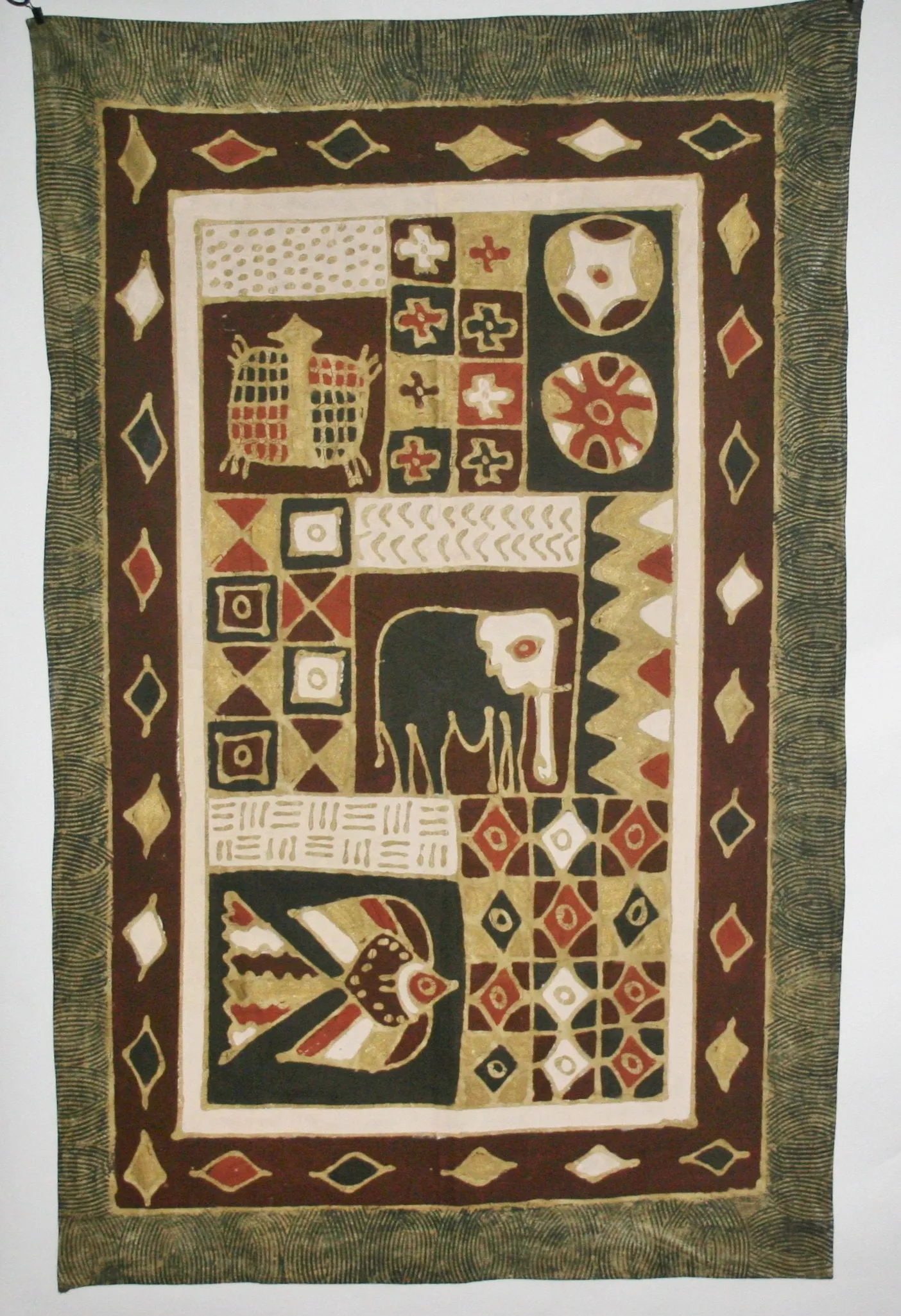 Elephant Batik Geometric Tribal Design Burgundy/Red, Brown Gold, Black, White  37"W X 59"L Vintage Zimbabwe