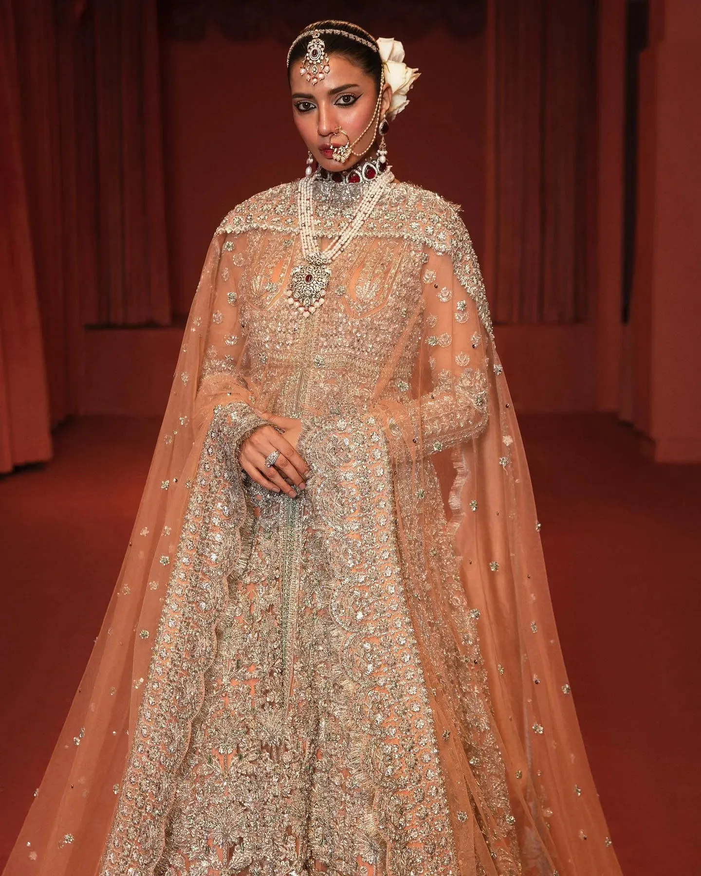 Embellished Bridal Lehenga Choli Dupatta in Peach Color