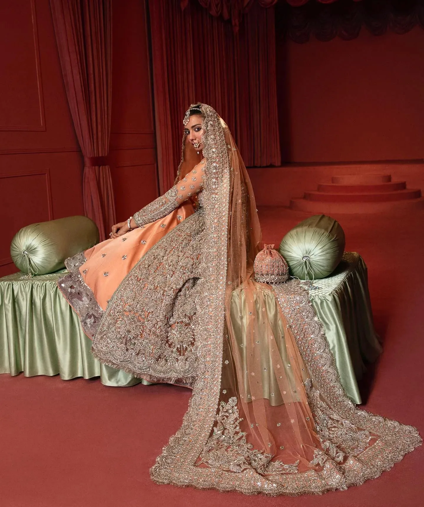 Embellished Bridal Lehenga Choli Dupatta in Peach Color