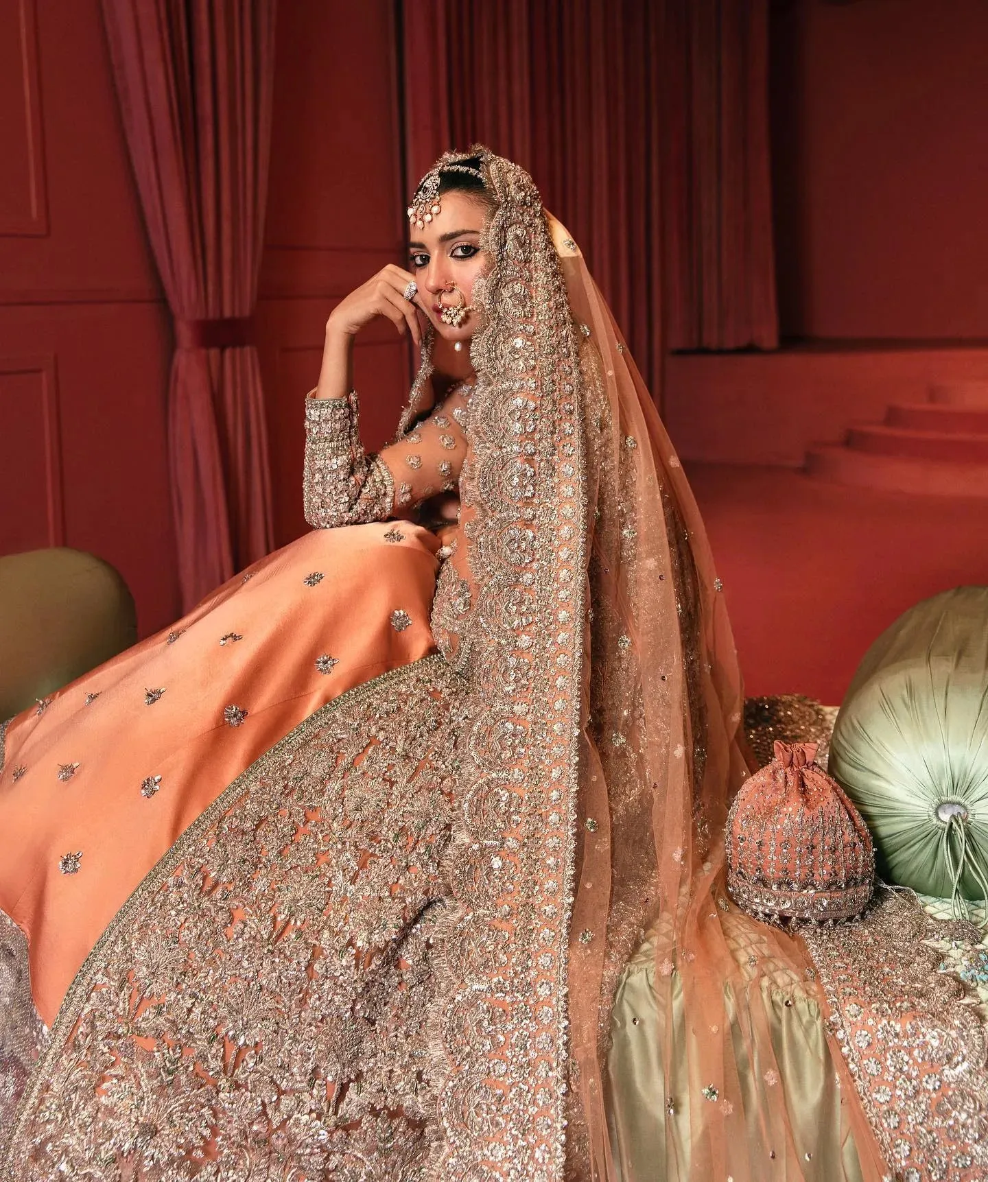 Embellished Bridal Lehenga Choli Dupatta in Peach Color