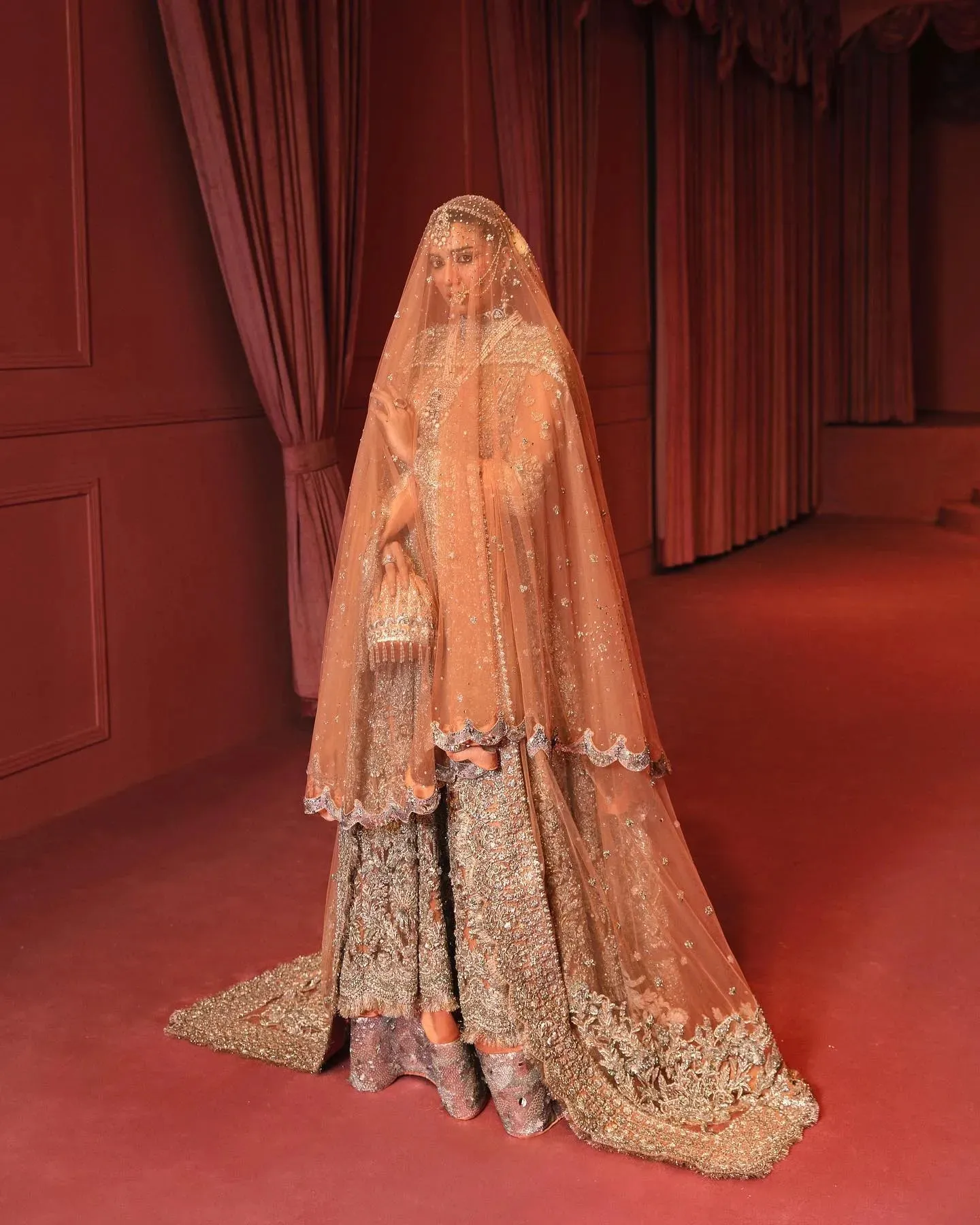 Embellished Bridal Lehenga Choli Dupatta in Peach Color