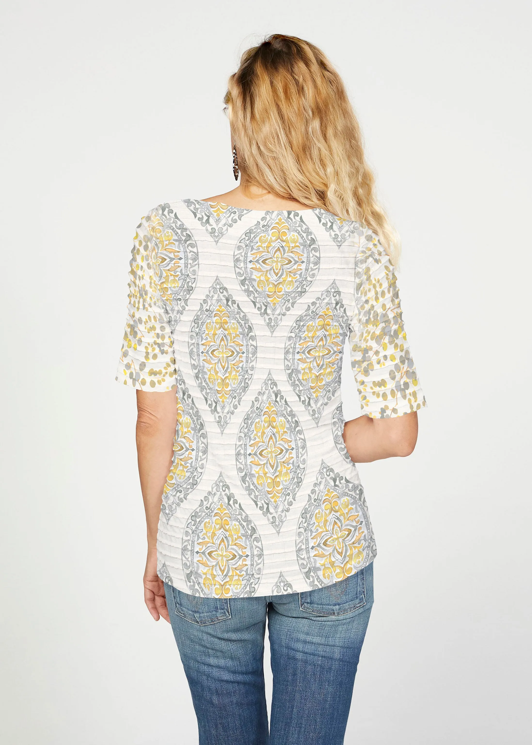 Etched Motif (8014) ~ Banded Elbow Sleeve Boat Neck Top