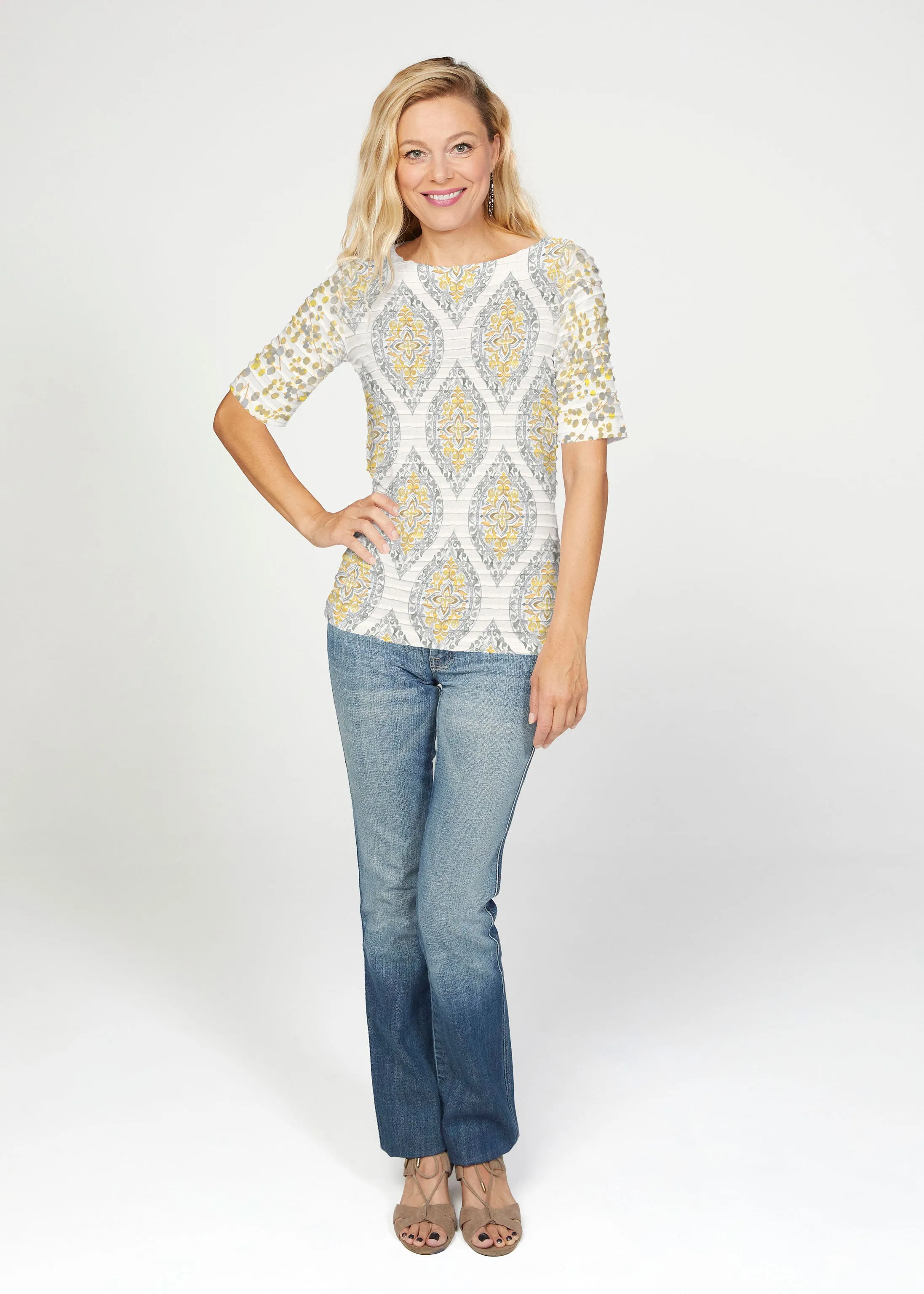 Etched Motif (8014) ~ Banded Elbow Sleeve Boat Neck Top