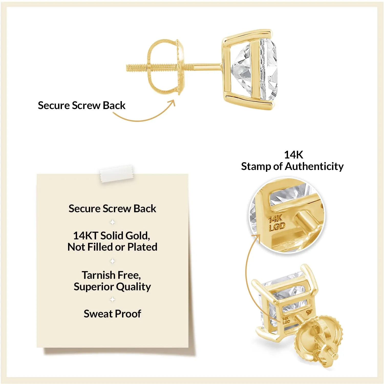 Everyday Elegance 14K Solid Yellow Gold Classic Four Prong Stud Earrings | Princess Cut Lab Grown Diamond | Screw Back Posts | 1.0 CTW (E-F Color, VS2-SI1 Clarity) | With Gift Box
