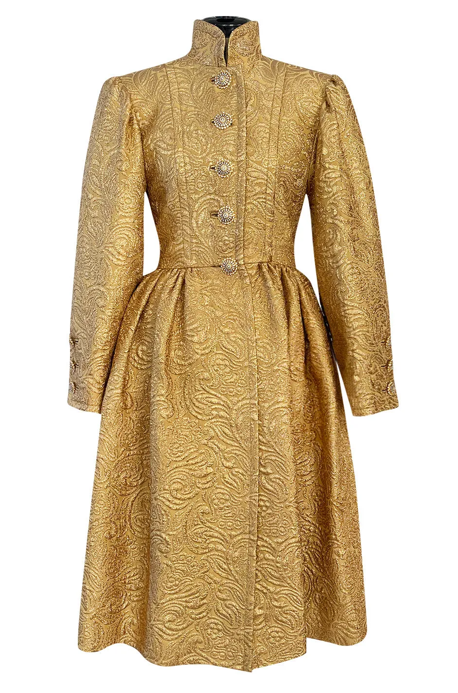 Extraordinary Fall 1991 Yves Saint Laurent Well Documented Gold Brocade Coat W Jewel Buttons