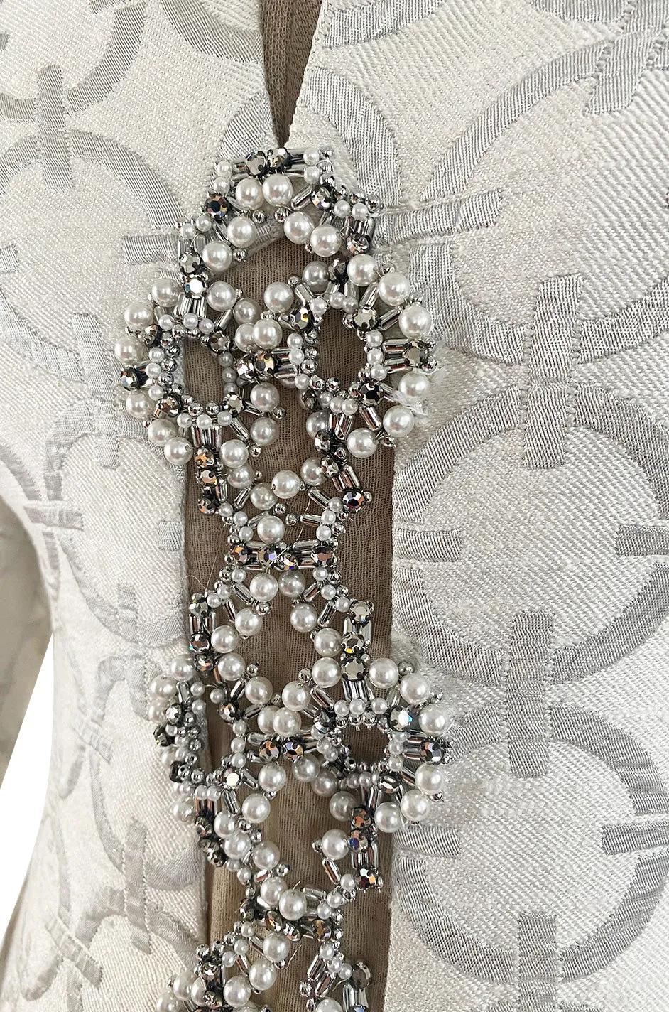 Fabulous 1960s Silver & White Brocade Tunic & Pant Set w Beaded Front Cut Out