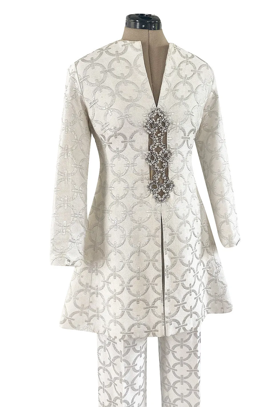 Fabulous 1960s Silver & White Brocade Tunic & Pant Set w Beaded Front Cut Out