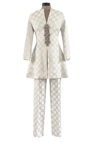 Fabulous 1960s Silver & White Brocade Tunic & Pant Set w Beaded Front Cut Out