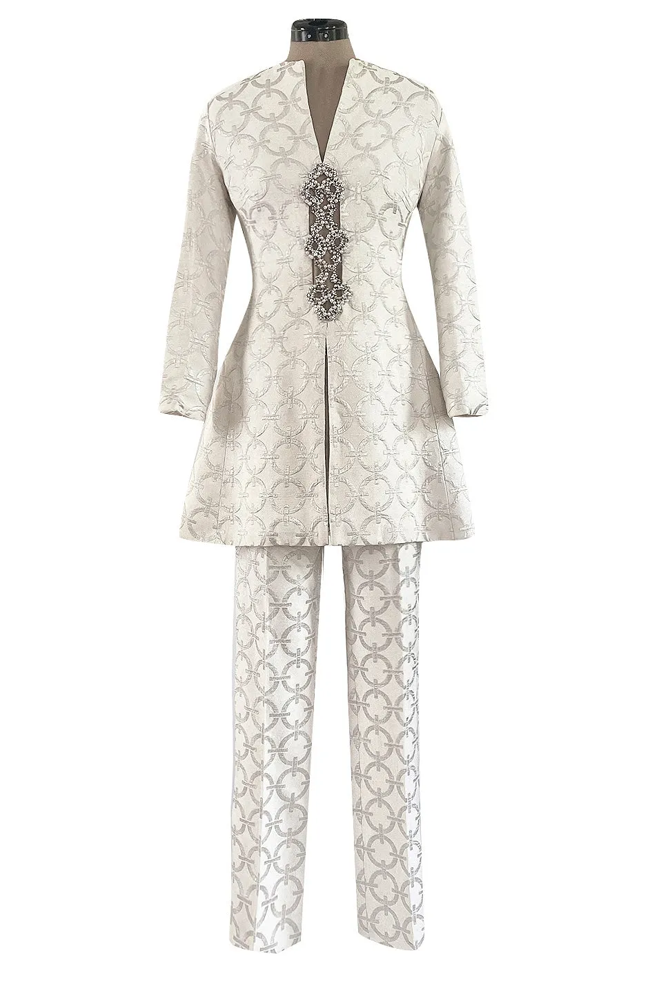 Fabulous 1960s Silver & White Brocade Tunic & Pant Set w Beaded Front Cut Out