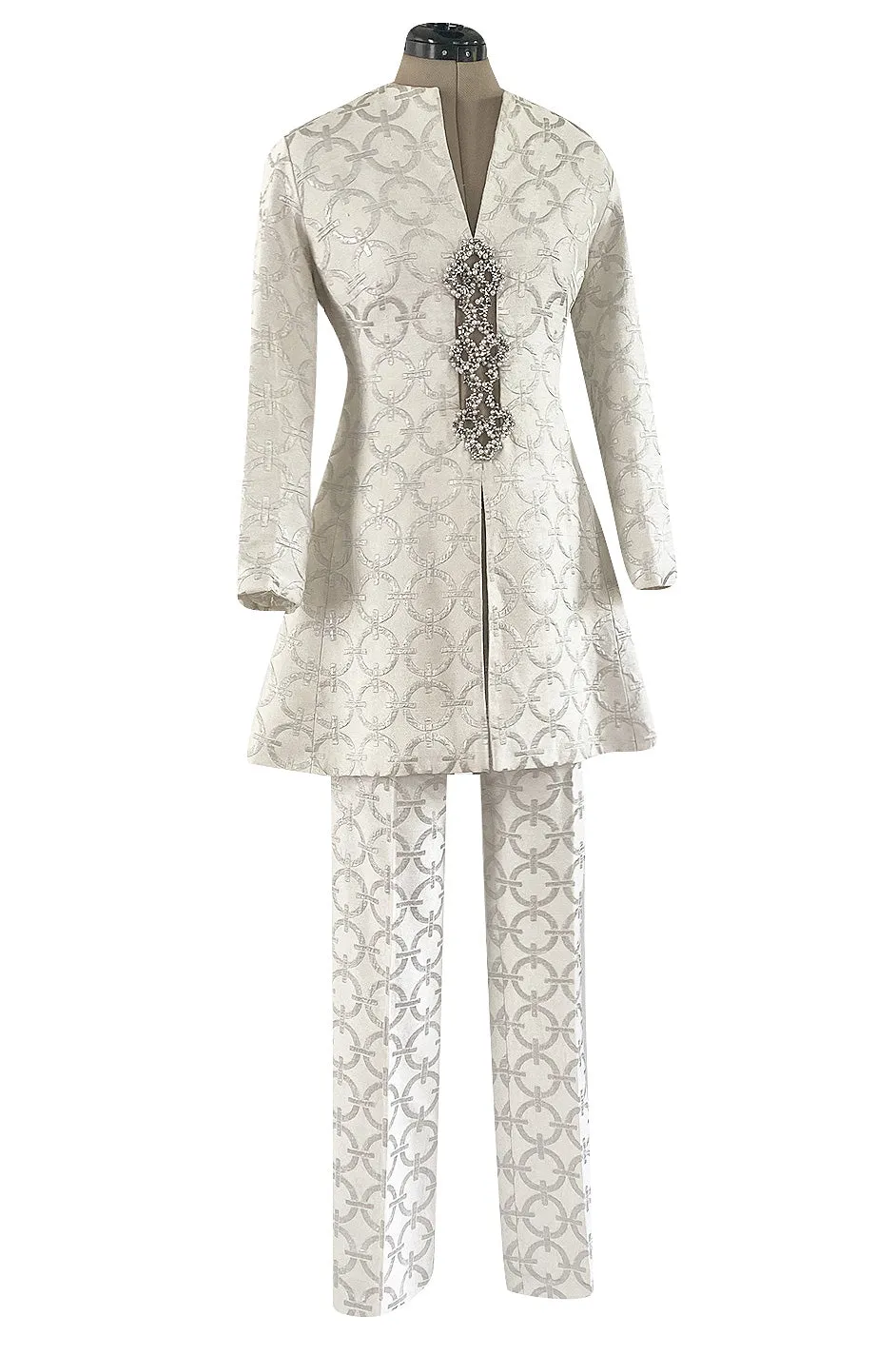 Fabulous 1960s Silver & White Brocade Tunic & Pant Set w Beaded Front Cut Out
