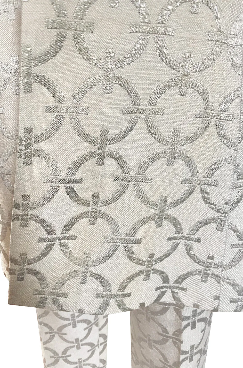Fabulous 1960s Silver & White Brocade Tunic & Pant Set w Beaded Front Cut Out