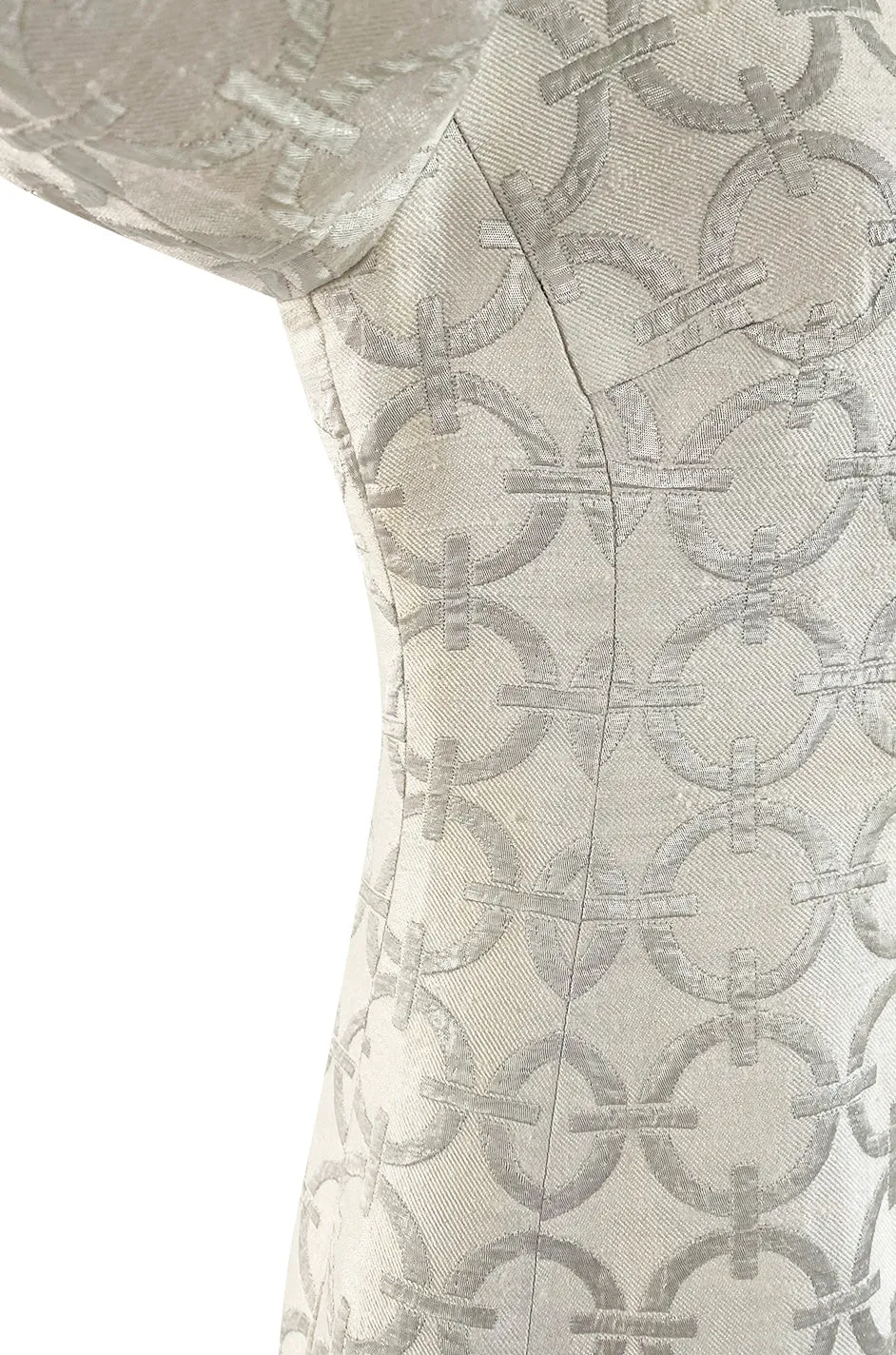 Fabulous 1960s Silver & White Brocade Tunic & Pant Set w Beaded Front Cut Out