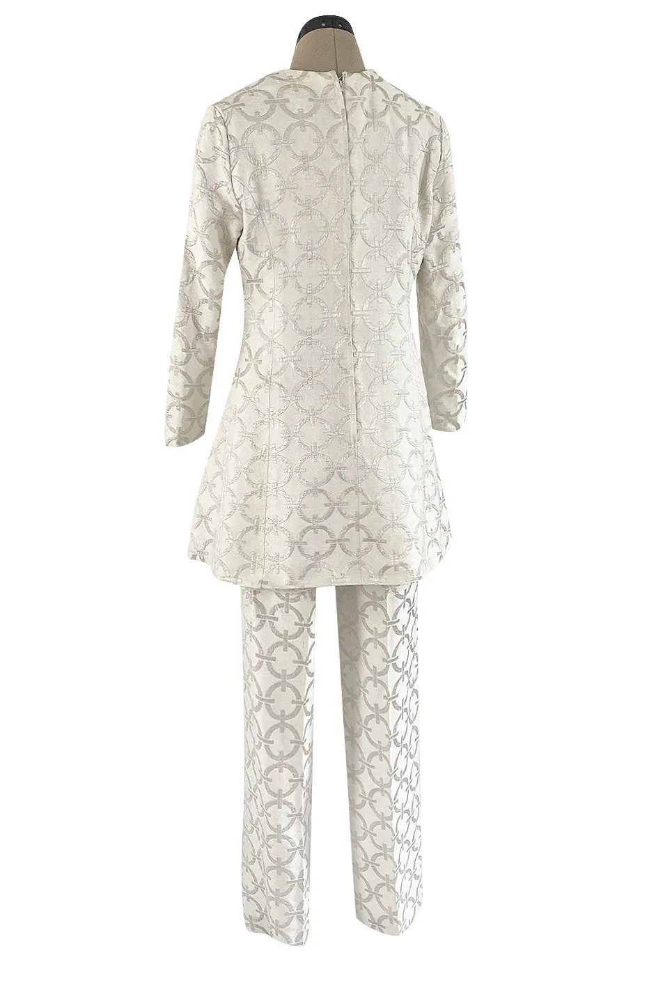 Fabulous 1960s Silver & White Brocade Tunic & Pant Set w Beaded Front Cut Out