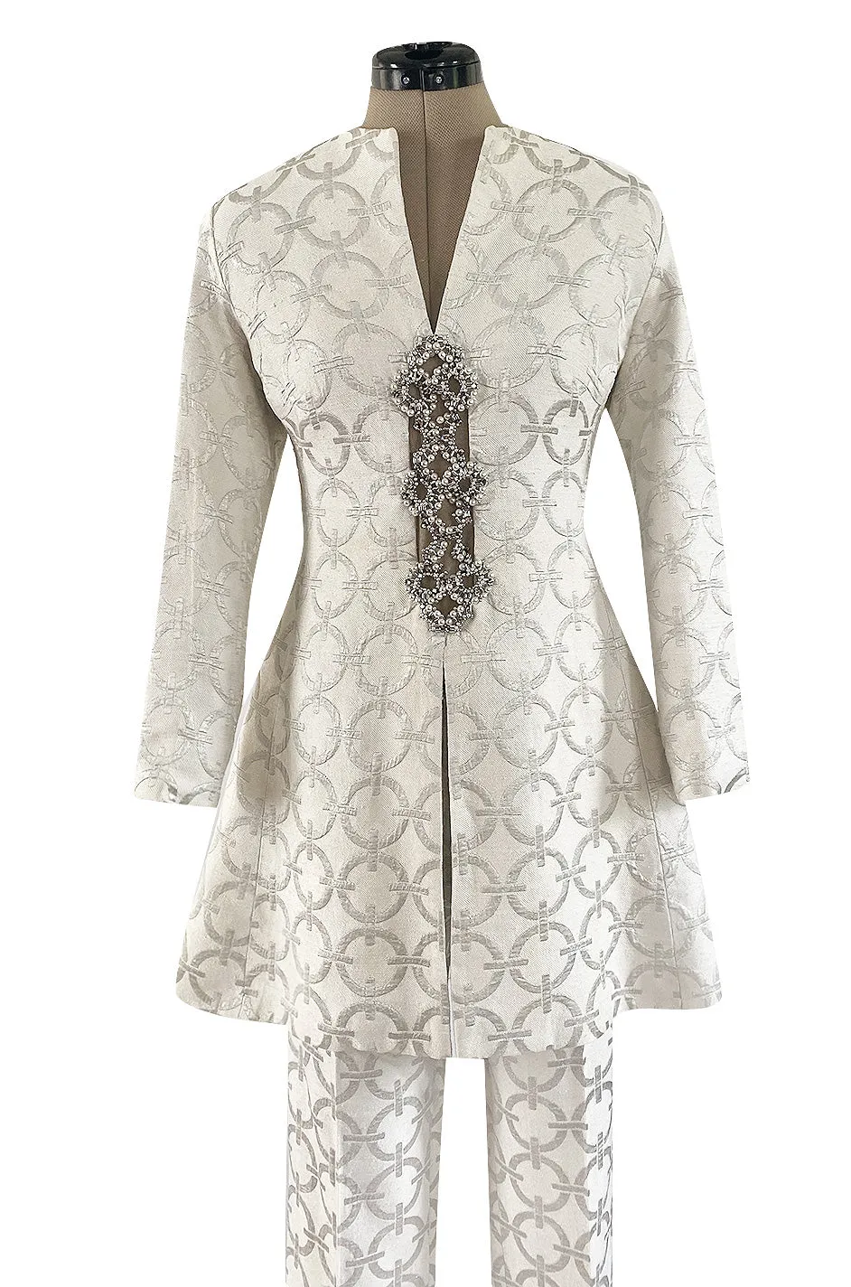 Fabulous 1960s Silver & White Brocade Tunic & Pant Set w Beaded Front Cut Out