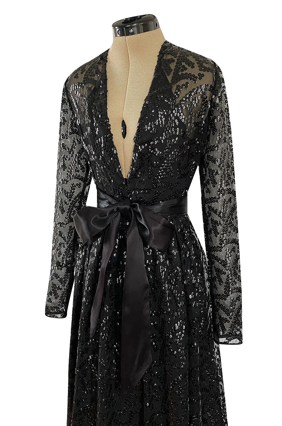 Fall 1974 Bill Blass Glossy Black Sequin & Silk Chiffon Dress w Feather Hem