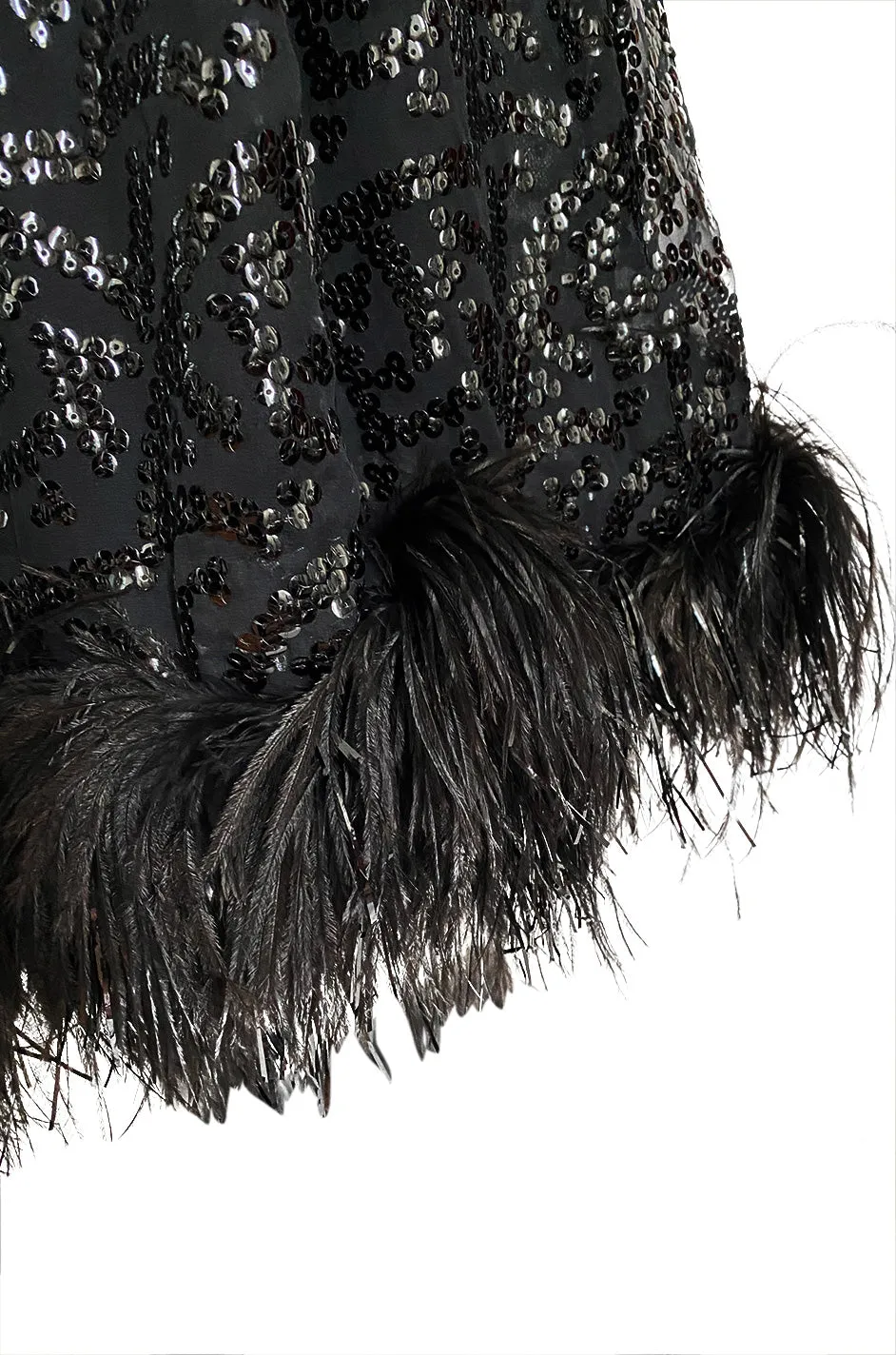 Fall 1974 Bill Blass Glossy Black Sequin & Silk Chiffon Dress w Feather Hem