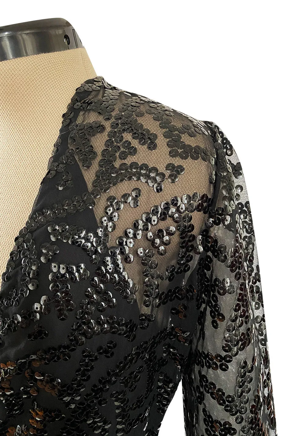 Fall 1974 Bill Blass Glossy Black Sequin & Silk Chiffon Dress w Feather Hem