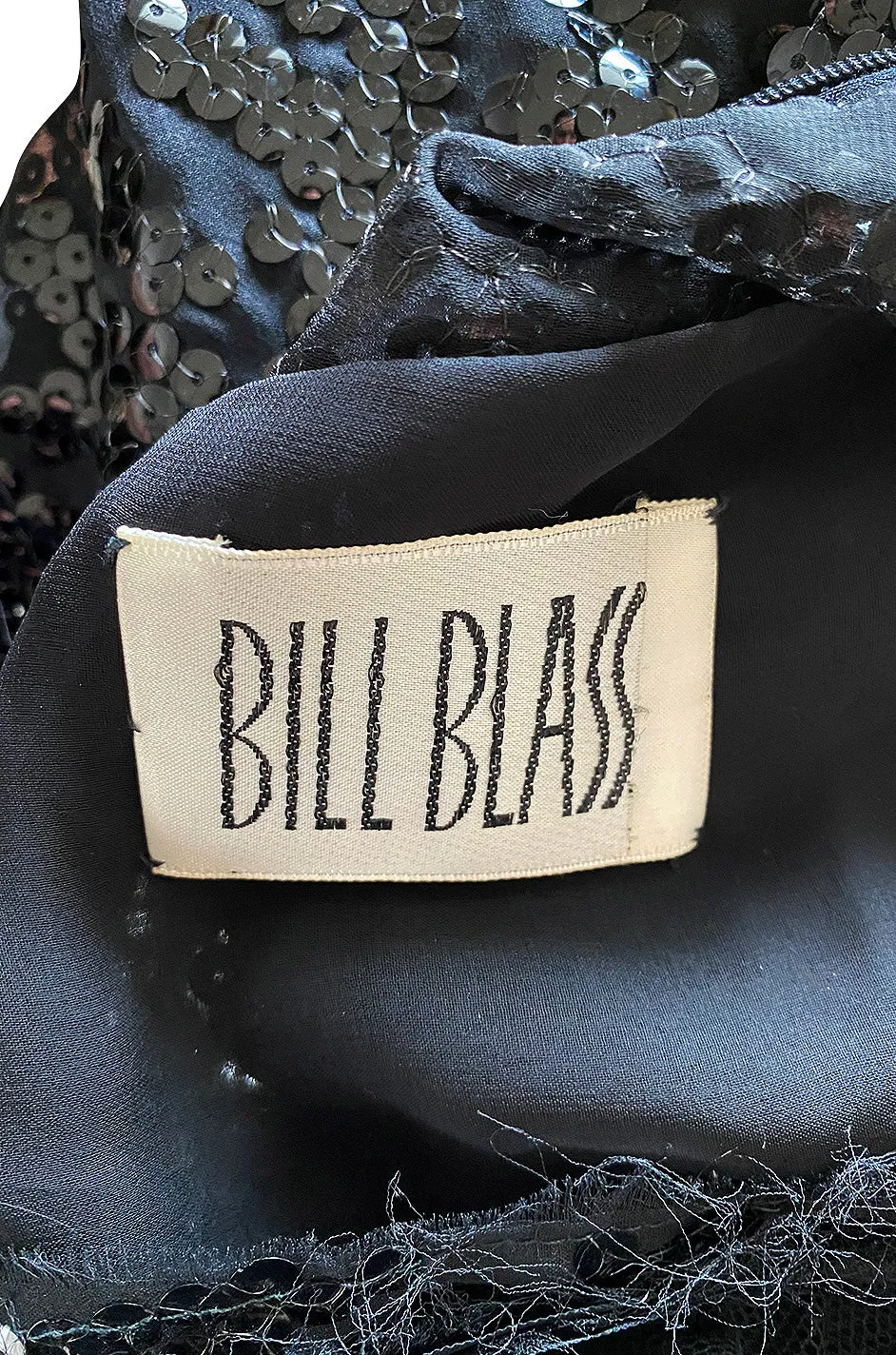 Fall 1974 Bill Blass Glossy Black Sequin & Silk Chiffon Dress w Feather Hem