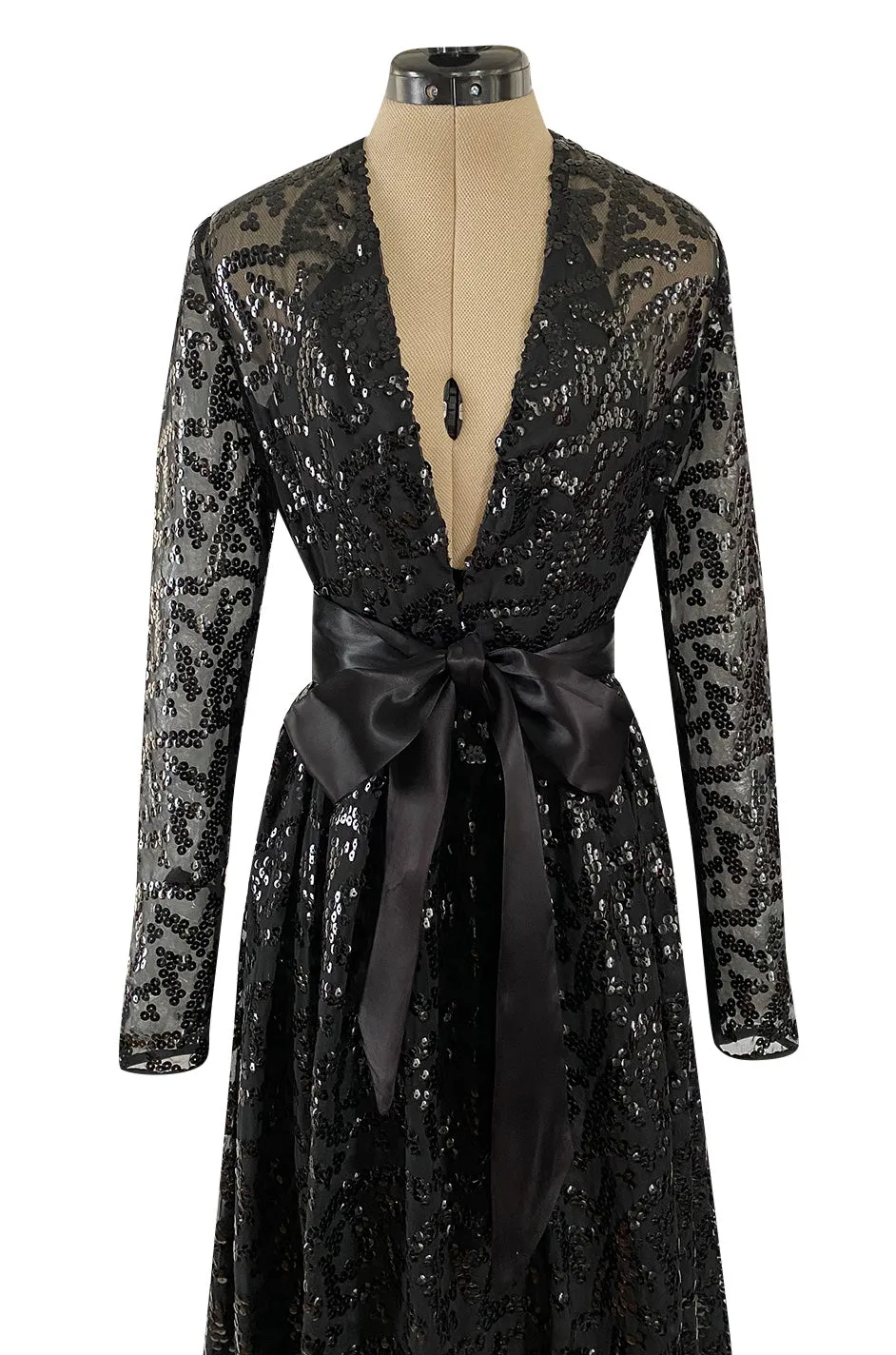 Fall 1974 Bill Blass Glossy Black Sequin & Silk Chiffon Dress w Feather Hem